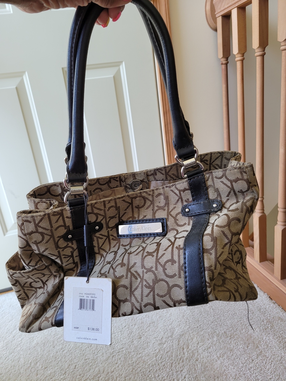 Calvin Klein Tan Monogram Tote with Black Accents